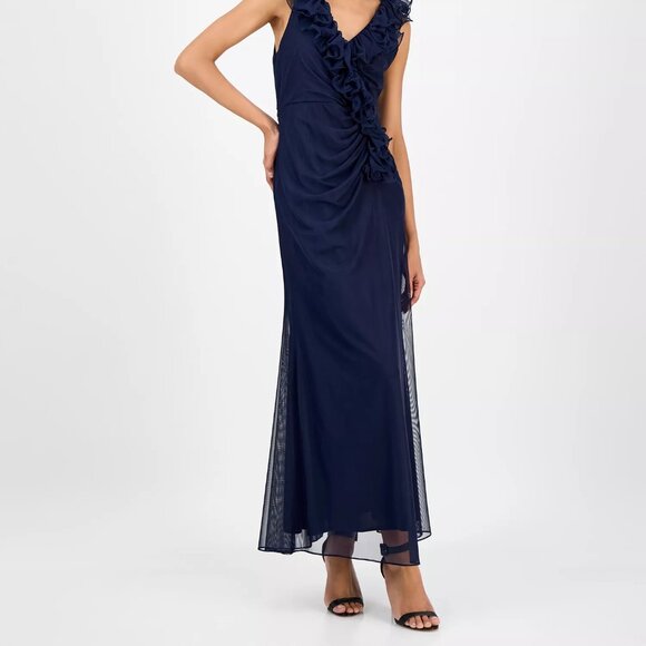 Alex Evenings Petite Ruffled V-Neck Sleeveless Mesh Gown Navy Size 14P Alex Evenings Petite Ruffled V-Neck Sleeveless Mesh Gown Navy Size 14P